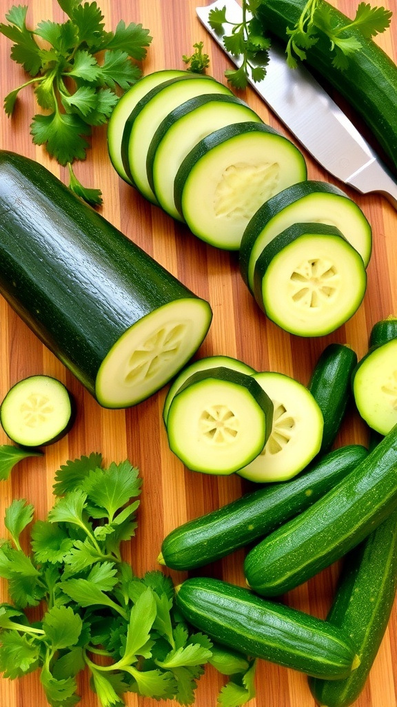 Fresh zucchini and cucumber on a cutting board, sliced and ready for cooking.
